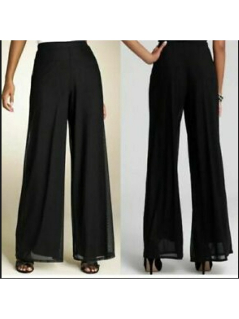 S. Levine Petite Black Mesh Sheer Wide Leg Palazzo Pants Formal Elegant Sz PL